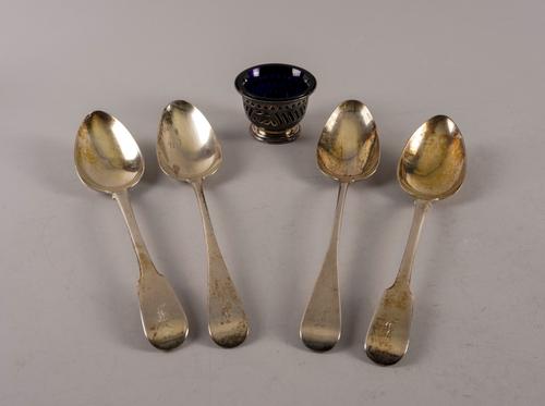 TWO PAIRS OF SILVER TABLESPOONS AND A SILVER SALT (5)