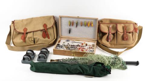 A LARGE WOODEN FLY BOX AND A QTY OF FISHING TACKLE (9)