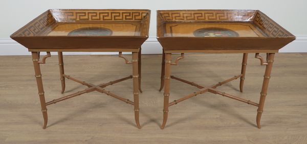 A PAIR OF REGENCY STYLE POLYCHROME PAINTED TRAY TOP SIDE TABLES (2)