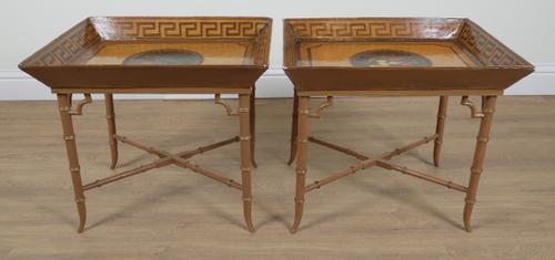 A PAIR OF REGENCY STYLE POLYCHROME PAINTED TRAY TOP SIDE TABLES (2)