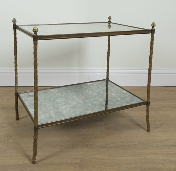 A MID 20TH CENTURY LACQUERED BRASS AND GLASS RECTANGULAR TWO TIER ETAGERE