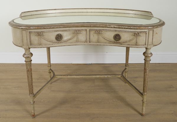 AN EARLY 20TH CENTURY SILVER PAINTED KIDNEY SHAPED DRESSING TABLE