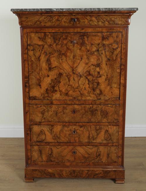 A 19TH CENTURY FRENCH MARBLE TOPPED BURR WALNUT SECRETAIRE A ABBATTANT