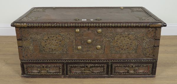 A 19TH CENTURY BRASS VENEERED HARDWOOD ZANZIBAR TRUNK