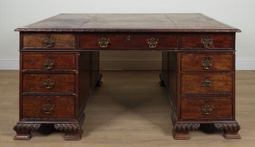 A GEORGE III MAHOGANY PEDESTAL NINE DRAWER PARTNERS DESK
