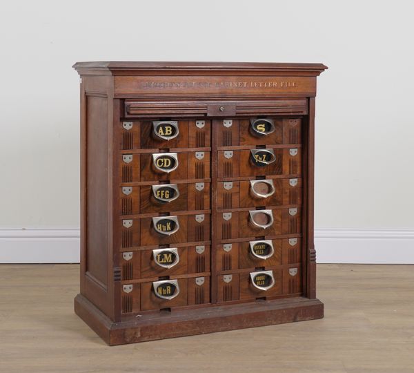 AMBERG’S PATENT CABINET LETTER FILE; AN AMERICAN TAMBOUR FRONTED OAK FILING CHEST