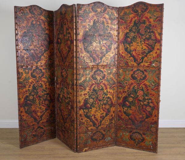 A 19TH CENTURY ITALIAN EMBOSSED PAINTED LEATHER FOUR FOLD SCREEN