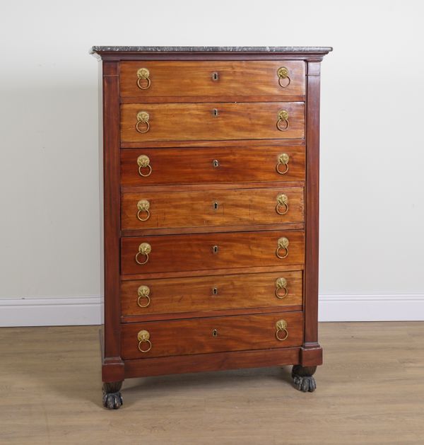 A 19TH CENTURY FRENCH MARBLE TOPPED MAHOGANY SEMANIERE/ TALL CHEST OF SEVEN DRAWERS