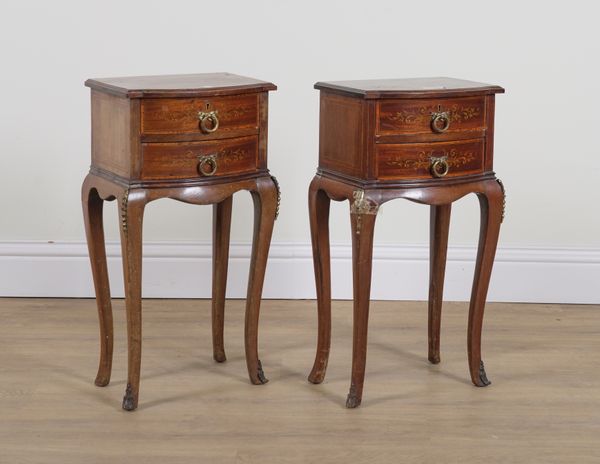 A PAIR OF LATE 19TH CENTURY FRENCH GILT METAL MOUNTED MARQUETRY INLAID MAHOGANY BOWFRONT TWO DRAWER BEDSIDE TABLES