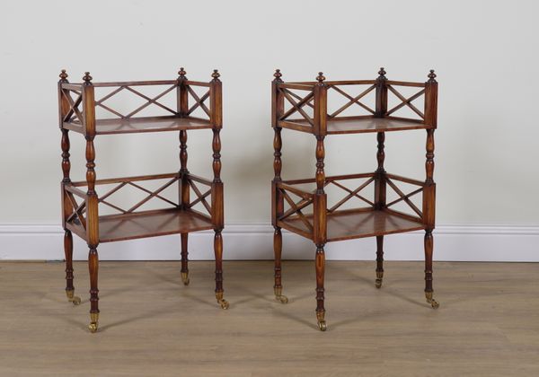 A PAIR OF FIGURED WALNUT RECTANGULAR TWO TIER SIDE TABLES