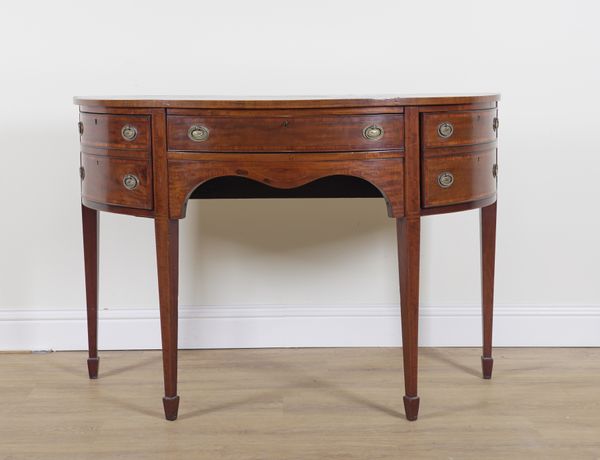 A GEORGE III SATINWOOD INLAID MAHOGANY DEMI LUNE SIDEBOARD