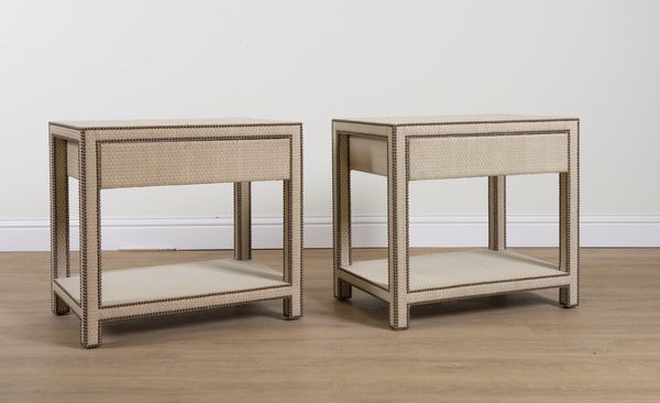 A PAIR OF BRASS STUDDED, FABRIC UPHOLSTERED, RECTANGULAR SINGLE DRAWER TWO TIER SIDE TABLES (2)