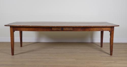 AN EARLY 19TH CENTURY FRENCH PLANK TOP MAHOGANY AND FRUITWOOD KITCHEN TABLE