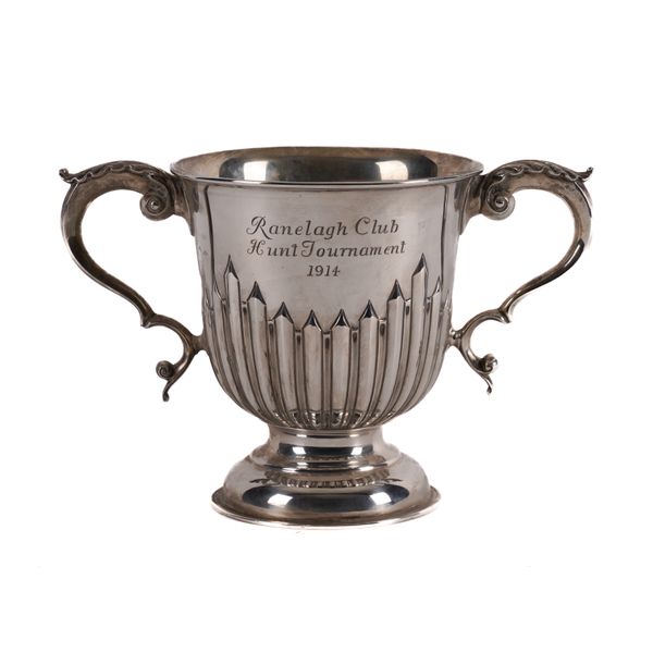 A SILVER TWIN HANDLED TROPHY CUP