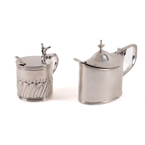TWO SILVER MUSTARD POTS AND TWO SPOONS (4)