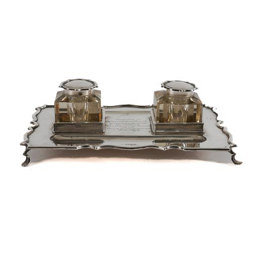 A SILVER SHAPED RECTANGULAR TWIN BOTTLE INKSTAND