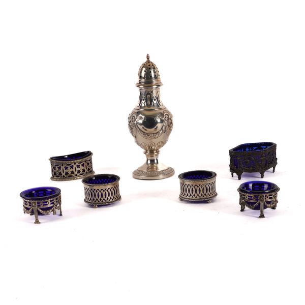 A EUROPEAN SUGAR CASTER, TWO PAIRS OF SALTS AND TWO FURTHER SALTS (7)