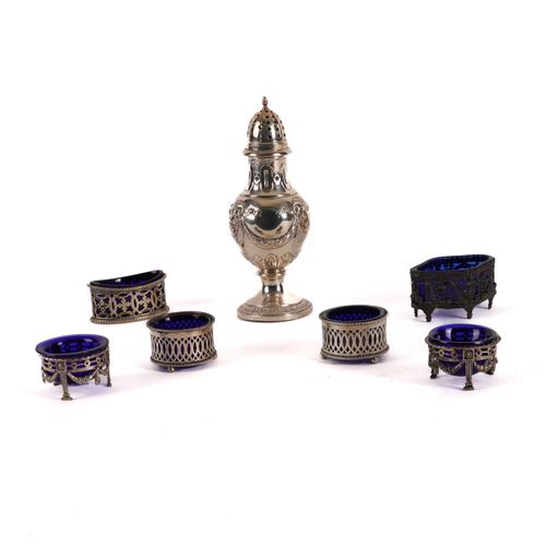 A EUROPEAN SUGAR CASTER, TWO PAIRS OF SALTS AND TWO FURTHER SALTS (7)