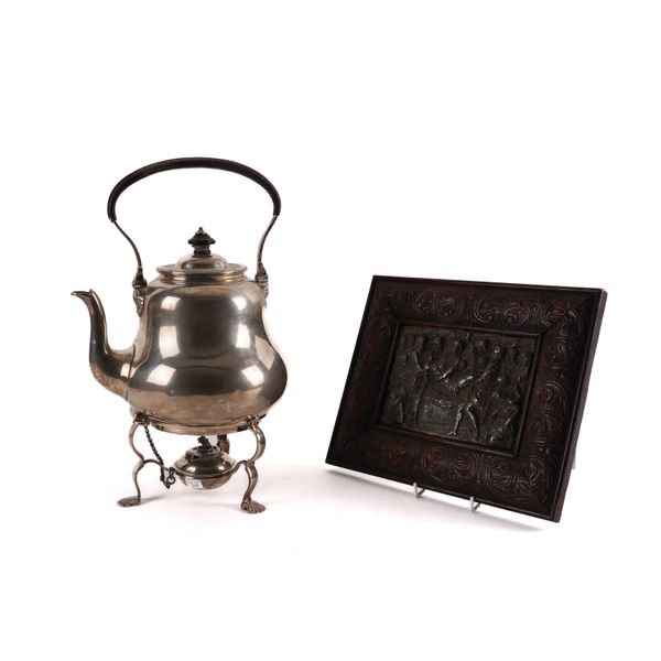 A SILVER SPIRIT KETTLE, STAND AND BURNER AND A PLATED ON COPPER PLAQUE (4)
