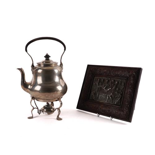A SILVER SPIRIT KETTLE, STAND AND BURNER AND A PLATED ON COPPER PLAQUE (4)