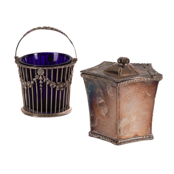 A SILVER SUGAR BASKET AND A PLATED FIVE SIDED CADDY (2)