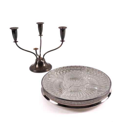 A SILVER TABLE CANDLEABRA AND A PLATED HORS D'OEUVRES SET (2)