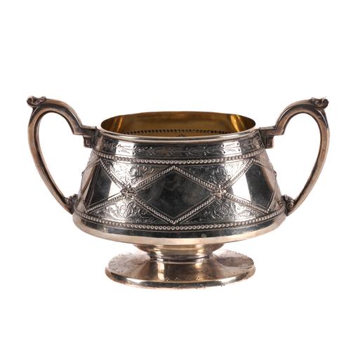A VICTORIAN SILVER TWIN HANDLED SUGAR BOWL