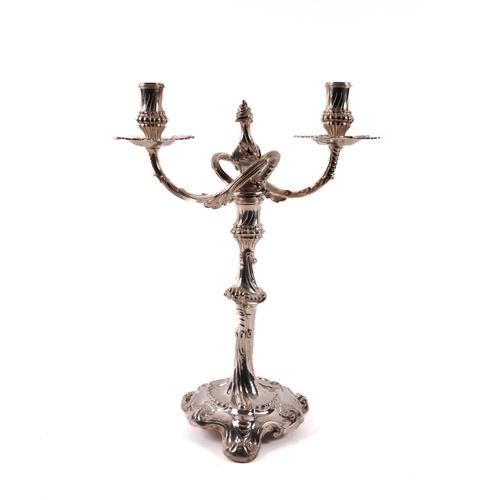 ONE SILVER CANDLESTICK WITH AN ASSOICATED SILVER TWIN LIGHT CANDELABRA FITTING (2)