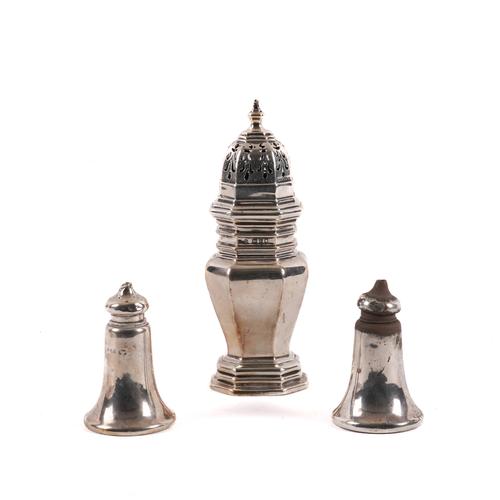 A SILVER SUGAR CASTER AND TWO SILVER CONDIMENTS (3)