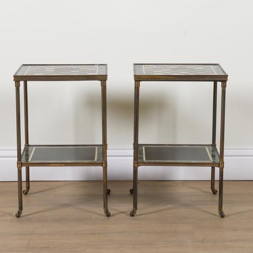 A PAIR OF MID 20TH CENTURY LACQUERED BRASS SQUARE TWO TIER OCCASIONAL TABLES (2)