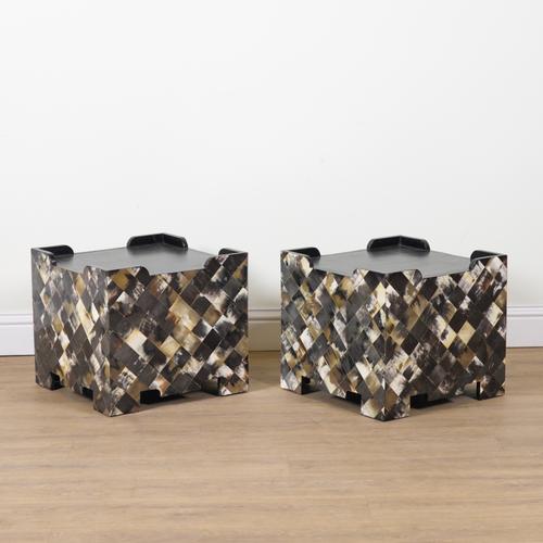 A PAIR OF 20TH CENTURY HORN VENEERED AND EBONISED SQUARE PEDESTALS (2)