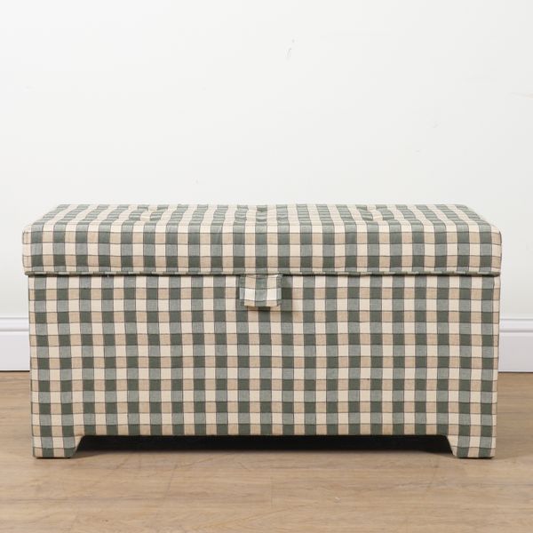 COLEFAX & FOWLER; A GREEN GINGHAM UPHOLSTERED RECTANGULAR OTTOMAN