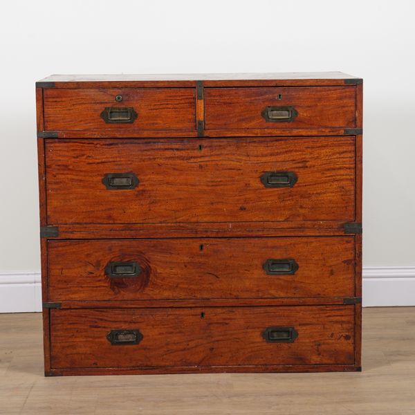 A 19TH CENTURY TEAK TWO PART CAMPAIGN CHEST