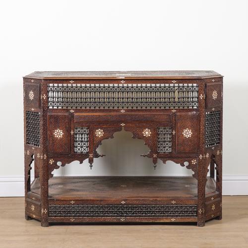 AN EARLY 20TH CENTURY MOTHER OF PEARL INLAID CARVED HARDWOOD NORTH AFRICAN CONSOLE TABLE