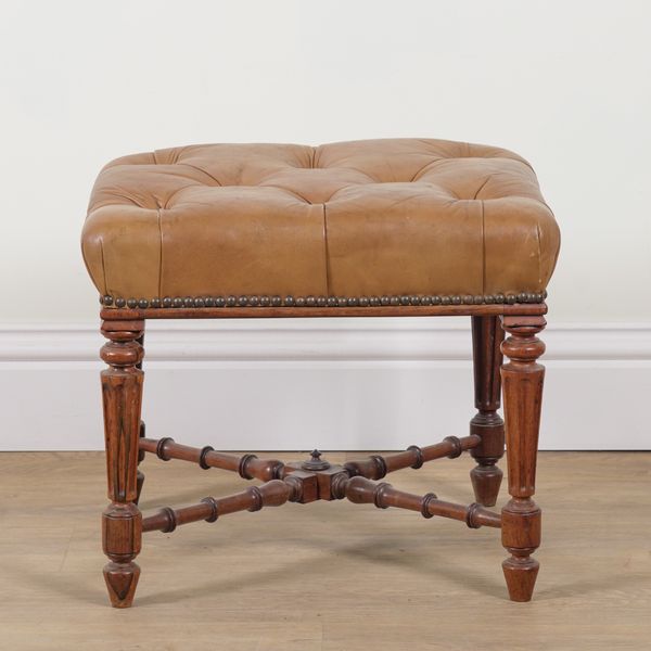 A REGENCY ROSEWOOD FRAMED SQUARE FOOTSTOOL