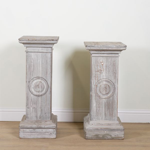 A NEAR PAIR OF LIMED PINE STEPPED SQUARE PEDESTALS (2)