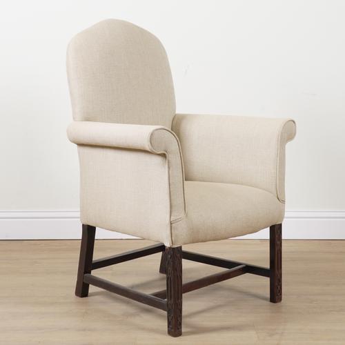 A GEORGE III MAHOGANY FRAMED ARCH BACK ARMCHAIR