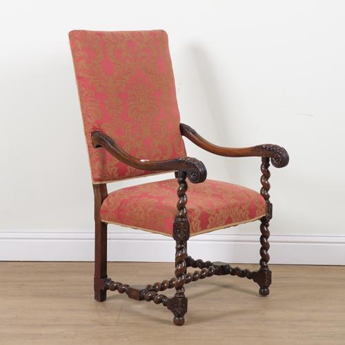 A 19TH CENTURY CONTINENTAL WALNUT FRAMED SQUARE BACK OPEN ARMCHAIR