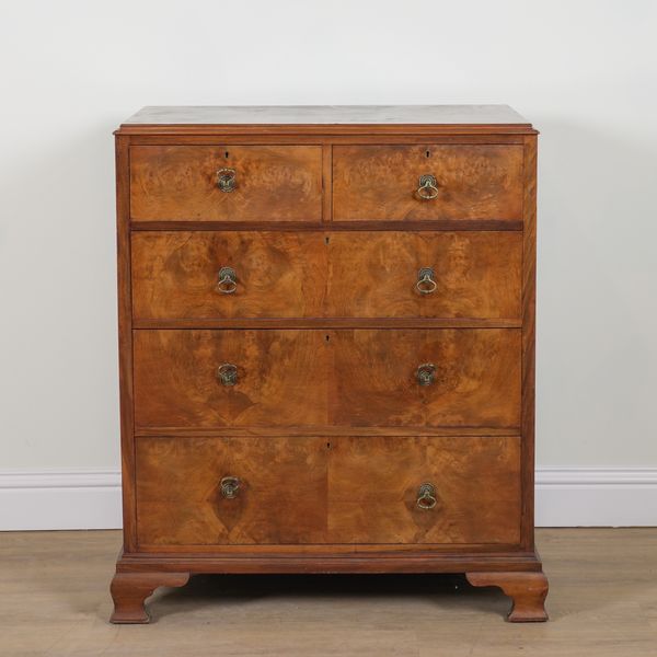 A GEORGE II STYLE FIGURED WALNUT CHEST OF DRAWERS