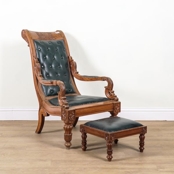 A 19TH CENTURY ANGLO-INDIAN CARVED TEAK OPEN ARMCHAIR (2)