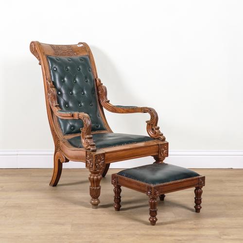 A 19TH CENTURY ANGLO-INDIAN CARVED TEAK OPEN ARMCHAIR (2)