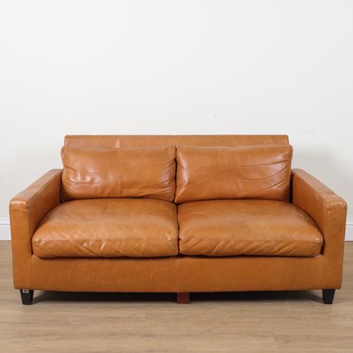 HABITAT; A TAN LEATHER SQUARE BACK TWO SEAT SOFA