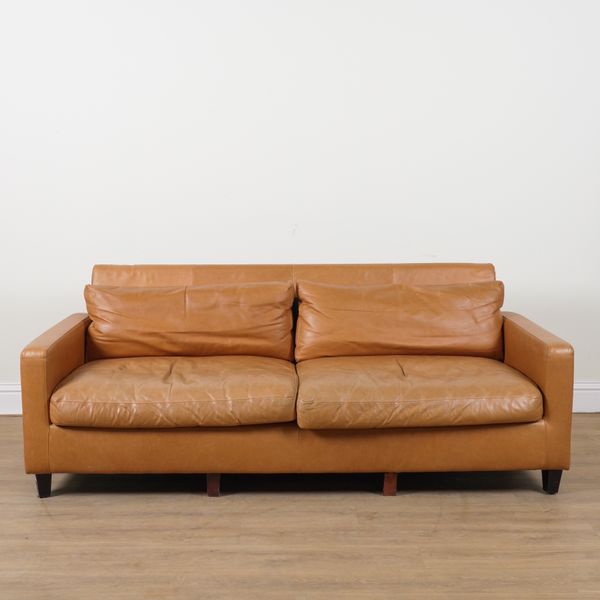 HABITAT; A TAN LEATHER SQUARE BACK THREE SEAT SOFA