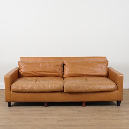 HABITAT; A TAN LEATHER SQUARE BACK THREE SEAT SOFA