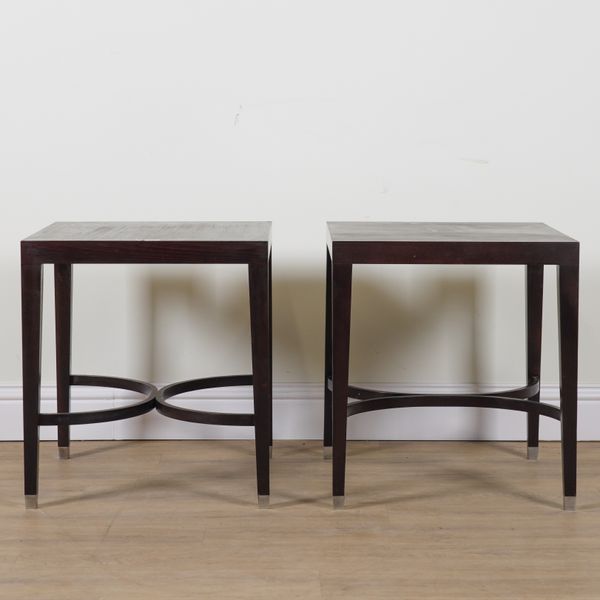 A PAIR OF 20TH CENTURY EBONISED SQUARE OCCASIONAL TABLES (2)