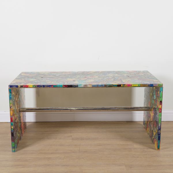 A MODERN COLOURED RESIN AND CHROME RECTANGULAR DESK