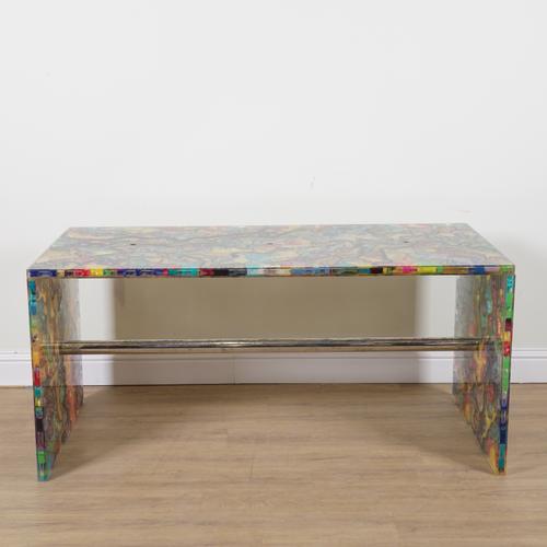 A MODERN COLOURED RESIN AND CHROME RECTANGULAR DESK