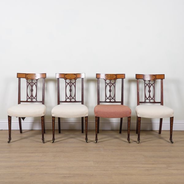 A SET OF FOUR LATE 19TH CENTURY MARQUETRY INLAID MAHOGANY SIDE CHAIRS (4)