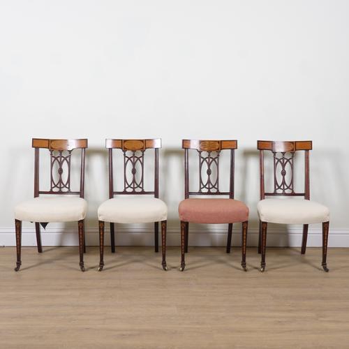 A SET OF FOUR LATE 19TH CENTURY MARQUETRY INLAID MAHOGANY SIDE CHAIRS (4)