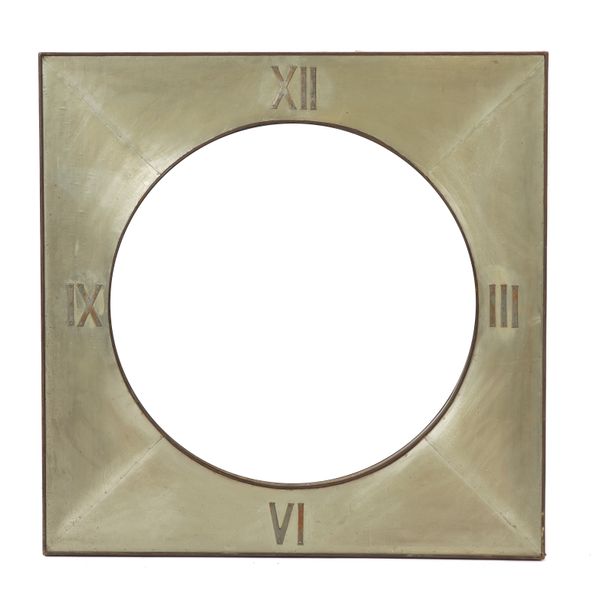 A 20TH CENTURY METAL BOUND CLOCK FACE WALL MIRROR